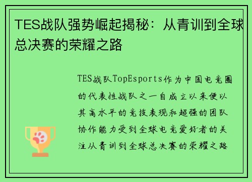 TES战队强势崛起揭秘：从青训到全球总决赛的荣耀之路